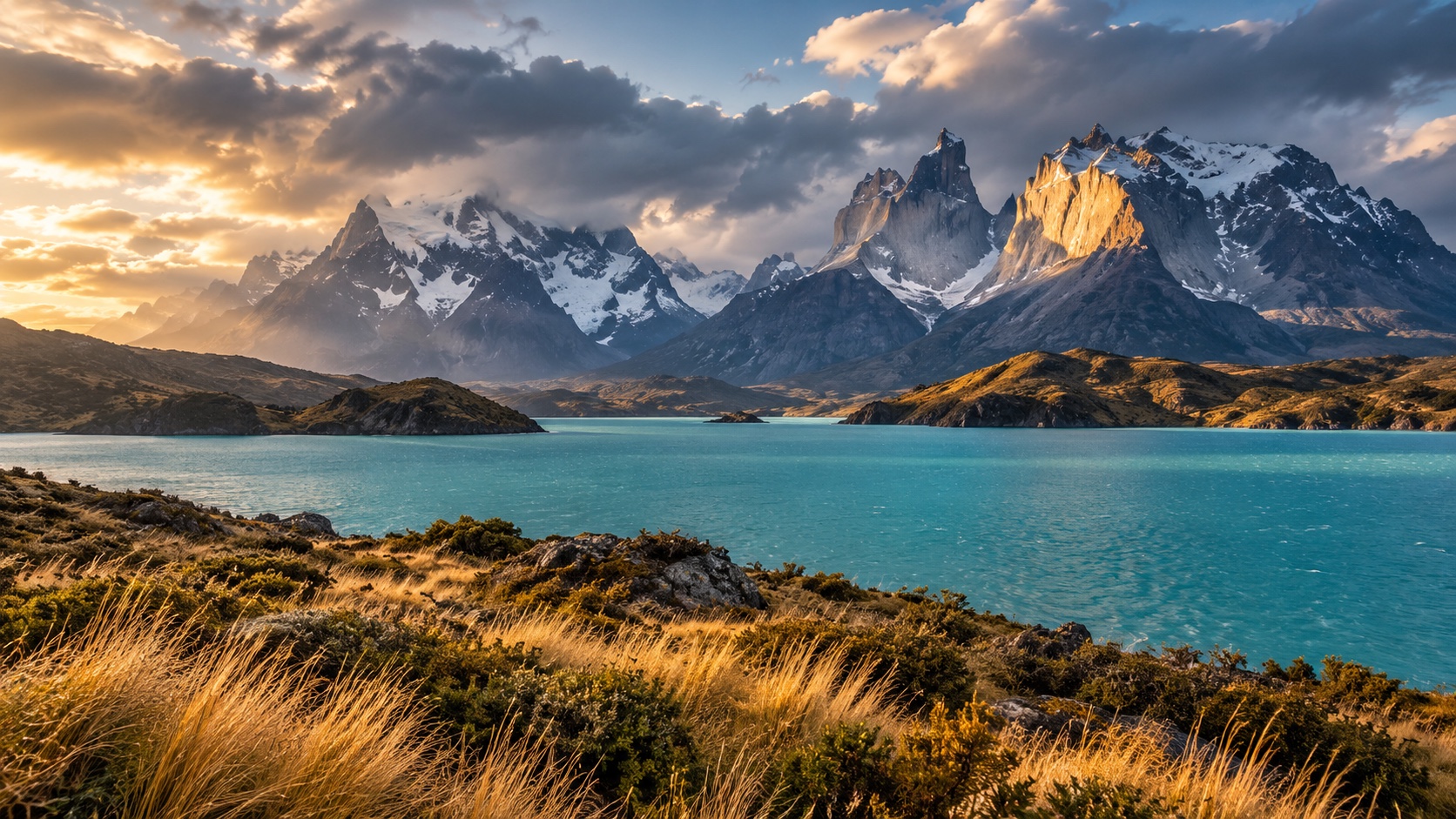 Granite peaks rising beyond a turquoise lake in Patagonia